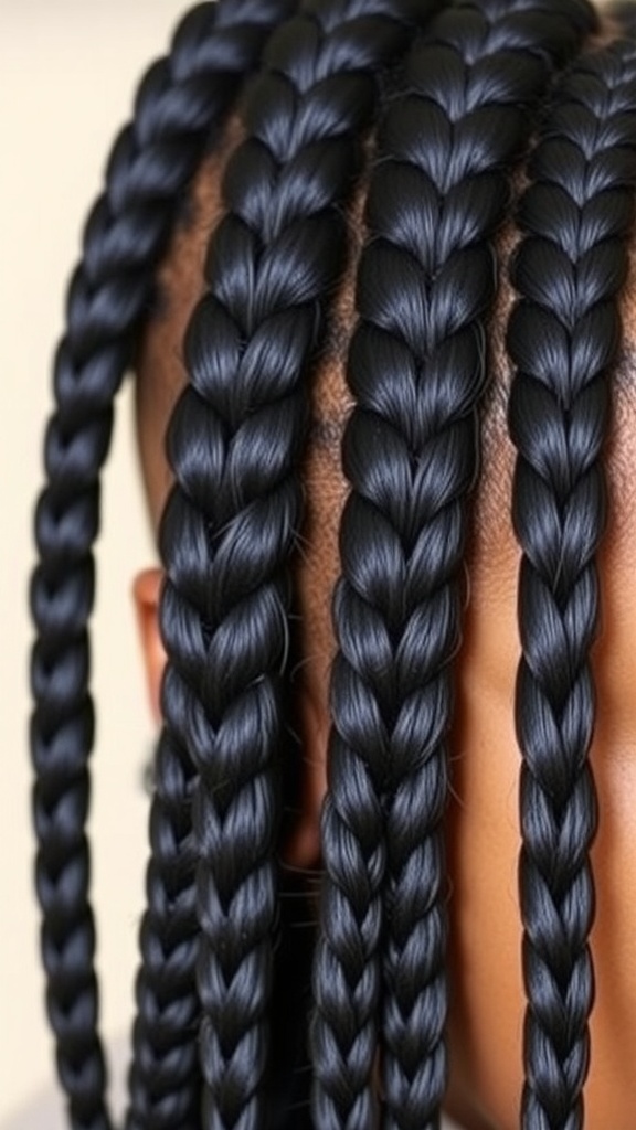 Four cornrow braids on natural hair, neatly styled and showcasing the intricate braid pattern.